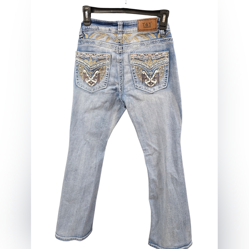 T&Y Fashion Embellished Bootcut Jeans Size 7/8 Y2K Bling Flap Pocket
